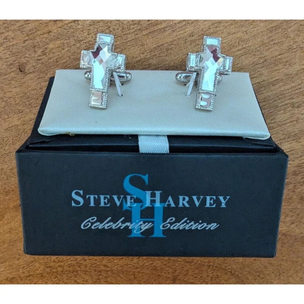 Steve Harvey Cross Design Cufflinks Silver Beveled Mirror French Cuffs New